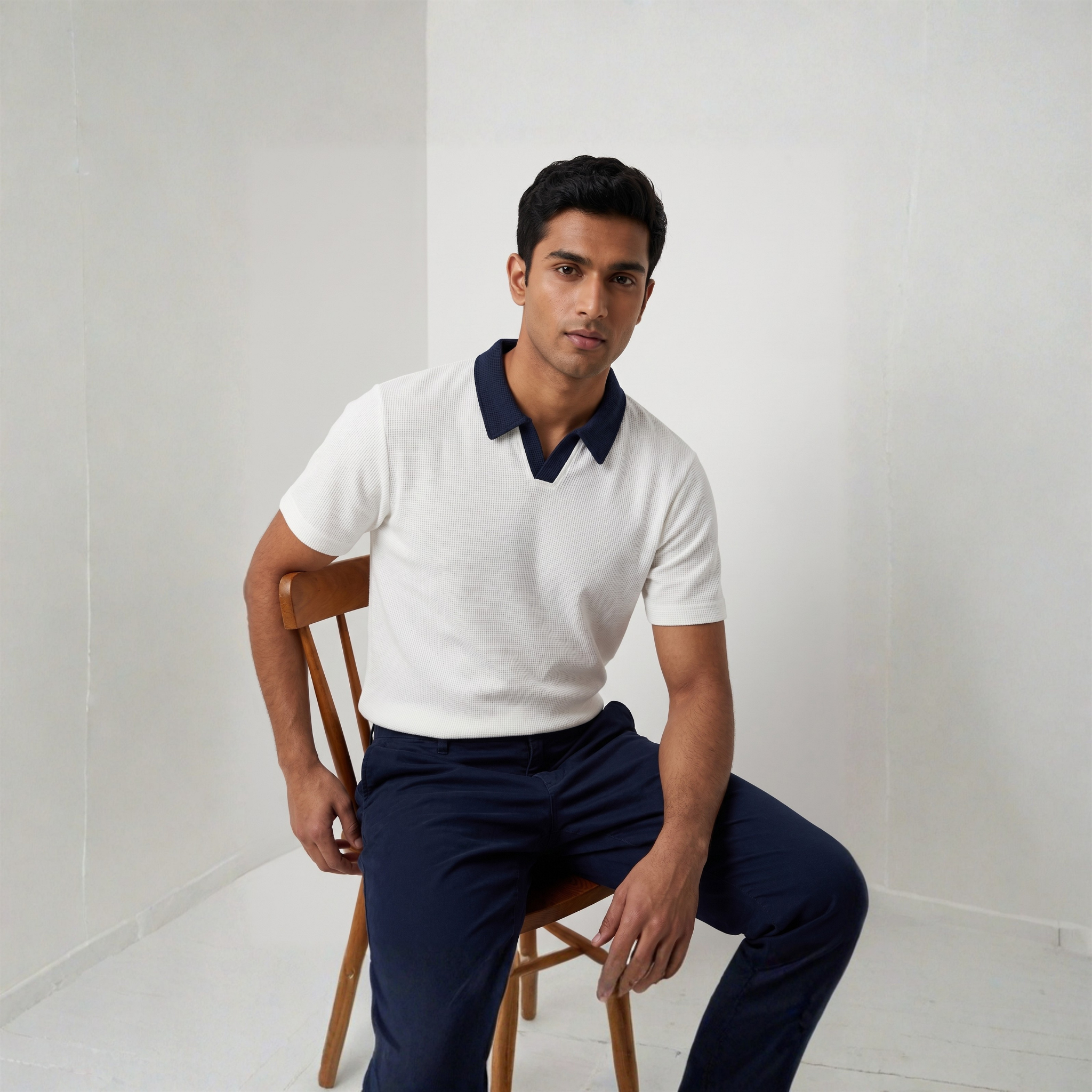 The Waffle Polo - Ivory & Navy